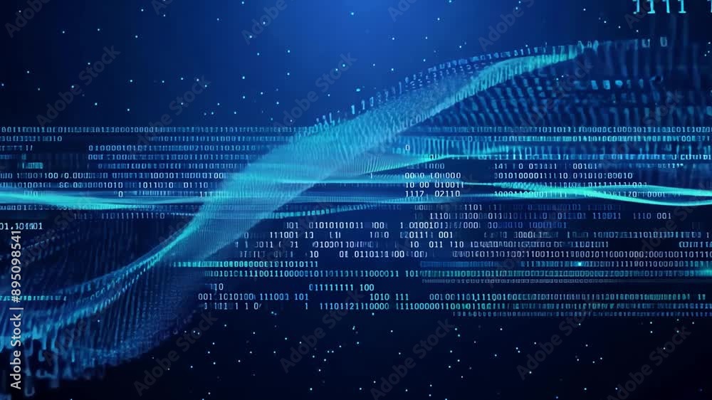 Poster Abstract blue waves flow across a dark blue background, with binary code represented in white.