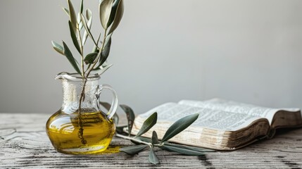 Anoint. Pure Olive Oil in Glass Jar, Open Bible Book, and Green Olive Branch on Wooden Table with White Background. Symbol of God's Holy Spirit