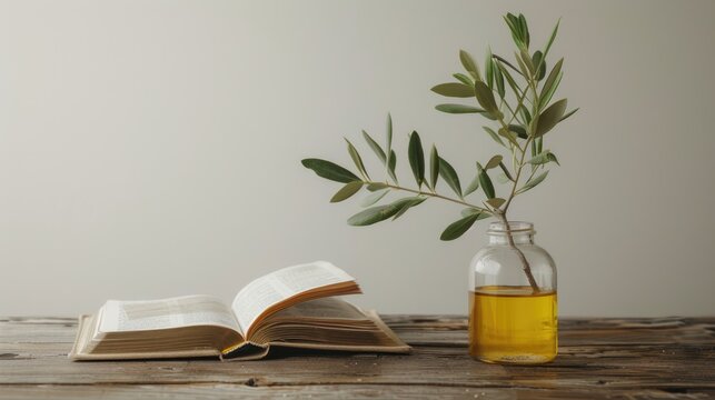 Anoint. Pure Olive Oil in Jar with Open Bible and Olive Branch on Wooden Table