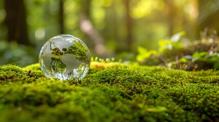 A glass sphere containing the earth, sitting on moss in a forest, surrounded by green plants and trees, sunlight shining through leaves.