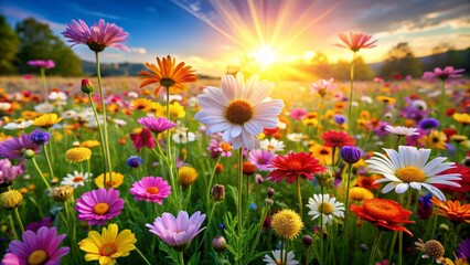 Sunlit Meadow of Vibrant Blooms, Sun, Flowers, Sunset, Nature
