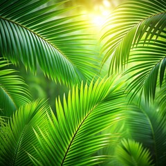 Obraz premium Sunlit Palm Fronds A Close-Up Perspective, Lush Green Foliage, Soft Light, Tropical Nature, palm leaves, foliage, tropical