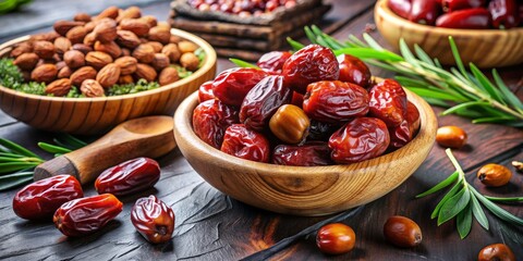 Sweet Dates in Wooden Bowl on Rustic Table, Dates, Ramadan, Fruit, Snack , Food