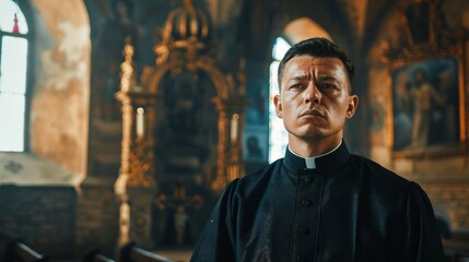 Young priest standing inside a church with religious icons in the background