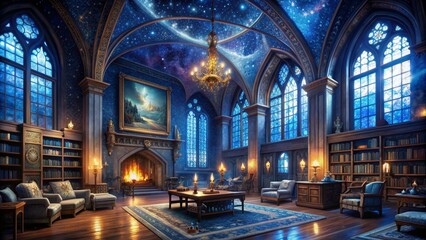 Fototapeta premium The Starlit Library A Fantasy Interior With Cozy Fireplace and Bookshelves, fantasy library , cozy fireplace , bookshelves , interior design