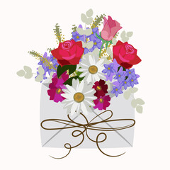 An envelope with flowers.  Roses. A large bouquet. Gift.
