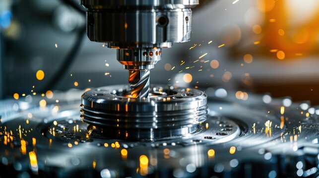 A machine is cutting a piece of metal, and the sparks are flying