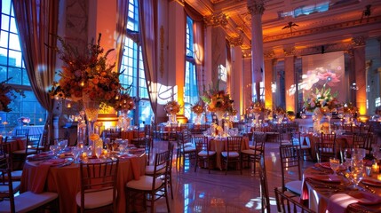 Fototapeta premium A wedding reception featuring a blend of traditional and modern decorations.