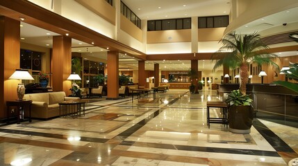 The hotel lobby is decorated in a modern style with marble floors, high ceilings, and large windows.