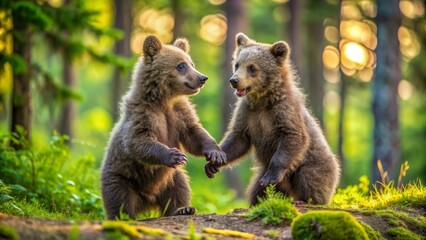 Obraz premium Two Bear Cubs Play in the Forest, Photography, Forest, Wildlife, Animals, Bear Cubs, Nature