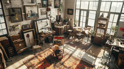An artist's studio with a mix of vintage furniture and modern art supplies.