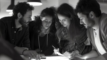 Four young professionals in a creative workplace collaborate on a project. They are looking at a table with plans and blueprints.
