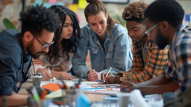 A group of young professionals are working together on a project. They are all smiling and seem to be enjoying their work.