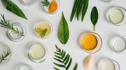 Top view image of various plants and cosmetics on Petri dishes with white backdrop
