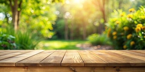 Wooden Tabletop in a Sunny Garden, wooden, table, background, nature, garden