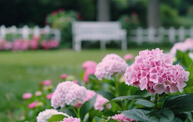 Obraz premium Pink Hydrangeas Blooming Near a Wooden Bench