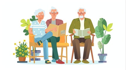 Three elderly people are sitting on a bench and reading a book. They are surrounded by plants. The elderly people are all wearing casual clothes.