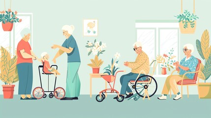 Fototapeta premium A group of elderly people are spending time together in a nursing home. They are all smiling and look happy.