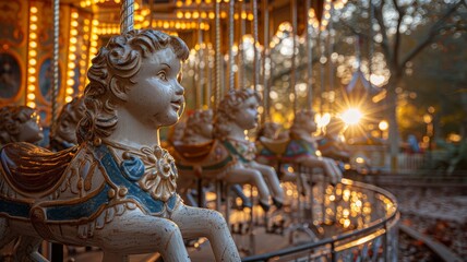 Fototapeta premium Golden Hour Carousel: A Whimsical Moment of Nostalgia