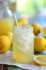 Refreshing Lemonade in a Mason Jar with Lemons