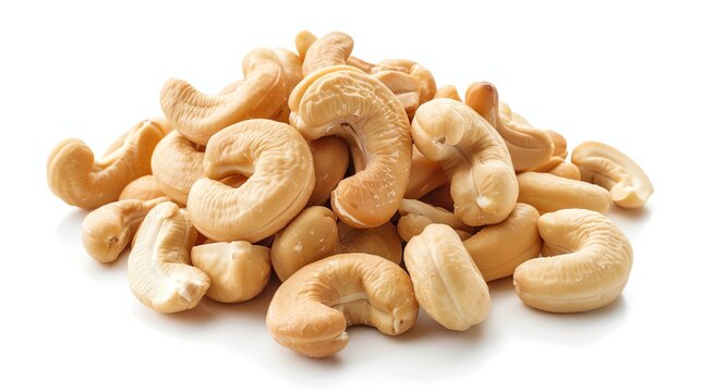 A pile of cashew nuts isolated on a white background. The cashews are roasted and salted. They are in a variety of shapes and sizes.