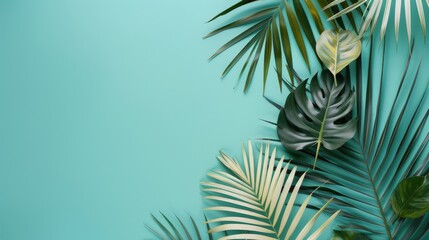 Naklejka premium Tropical Leaf Arrangement on Turquoise Background