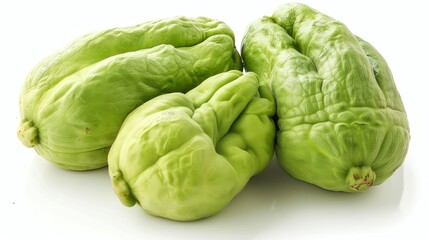 Fototapeta premium A close-up image of a chayote squash on a white background. The chayote squash is a light green color, with a slightly wrinkled skin.