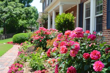 Knock Out Roses in Full Bloom. Small Town Building with Vibrant Pink and Red Roses