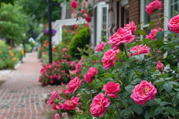 Knockout Roses in Full Bloom: Vibrant Red and Pink Roses in Small Town Setting