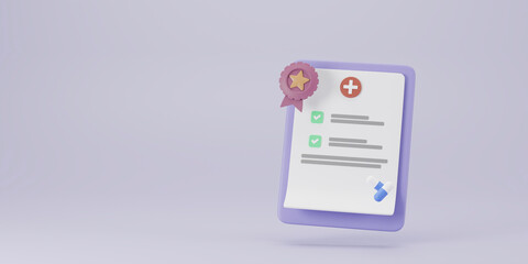 Clipboard paper health checkup and medal for guarantee medical doctor concept, 3d illustration renderign.