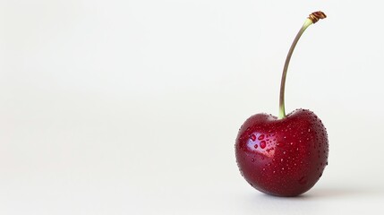 A beautiful, close-up image of a single, ripe cherry with water droplets on its surface against a solid white background.