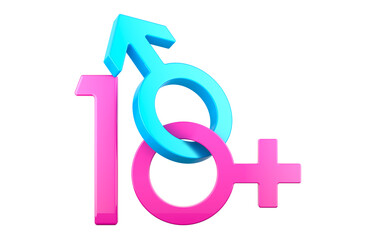 18+ concept, with female and male gender symbols. 3D rendering isolated on transparent background