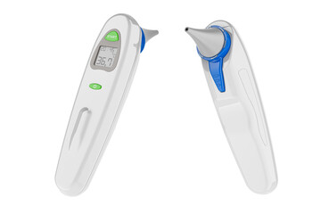 Digital Temperature Thermometer for Ear and Forehead, Infrared Digital Thermometer. Front and back views. 3D rendering isolated on transparent background