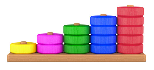 Colored Wooden Stacking Rings from 1 to 5, side view. 3D rendering isolated on transparent background