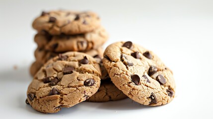 Freshly baked chocolate chip cookies on a white background. The cookies are soft and chewy, with a crispy outer layer.