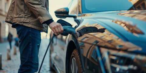 Electric Car Charging in Urban Setting promotes EcoFriendly Transportation through sustainable technologies and clean energy to make city life more efficient and environmentally friendly