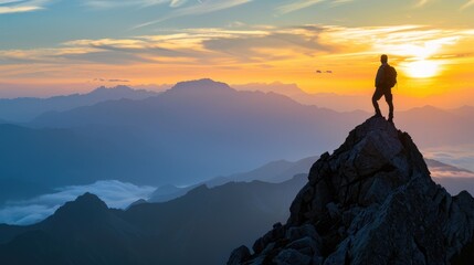 Sunrise Champion. Silhouette of a Champion Conquering a Mountain Peak at Sunrise