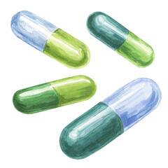 Capsule watercolor clipart featuring four green softgel tablets with varying shades and shapes, for medical-themed designs, wellness illustrations, healthcare advertisements, and educational content