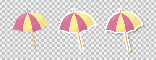 A set of sun umbrellas on a transparent background. Stickers of beach umbrellas with shade. Cartoon retro style. Vector illustration.