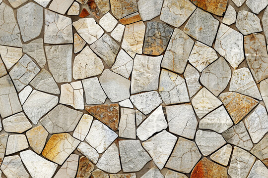 Wall clad with irregular pieces of light brown flagstone. Concept of natural stone, cladding, and textured backgrounds.