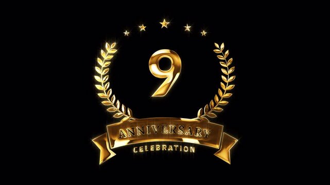 9th Anniversary Celebration. Happy 9 Years Anniversary Animation in Gold Color on the Transparent Background, Alpha Channel. Great for greetings, celebrations, events, and gifts.