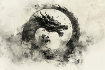 Fototapeta premium Dragon Circle. Mythical creature flying with long claws in ancient Chinese ink painting