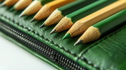 Isolated white closeup of a green leather case for pens and pencils