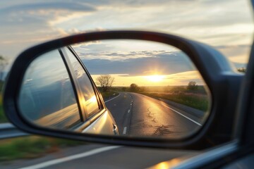 Looking In Rear View Mirror. Reflection of Two-lane Winding Road with Twilight Sky and Sunset
