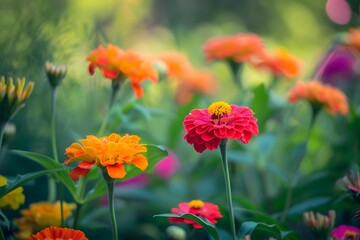 Close Up of Pink and Orange Zinnia Flowers in a Garden