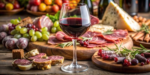 A Glass of Red Wine with a Charcuterie Board, Glassware, Food, Wine, Charcuterie, Snack, Appetizer
