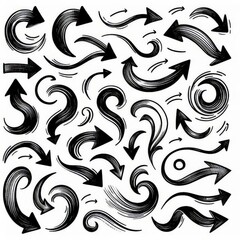 Fototapeta premium Collection of curved arrows in ink Vector hand drawn sketchy arrows pointing different directions