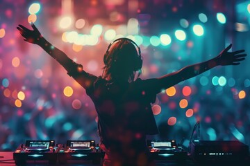 Silhouetted against vibrant lights, a DJ raises their arms with passionate energy, captivating the crowd at a lively music event