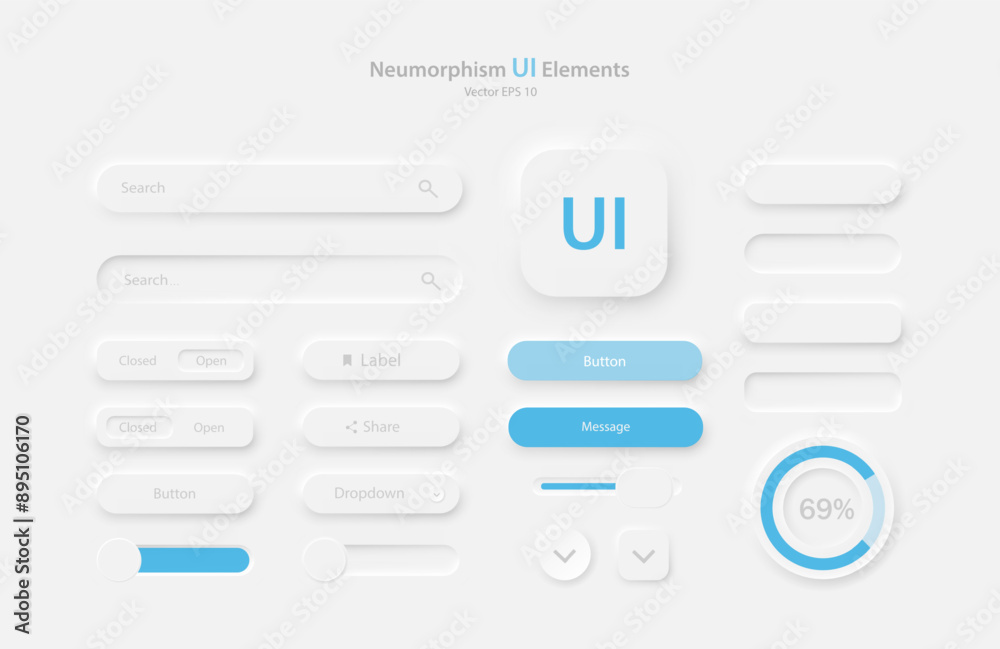 Poster a set of user interface elements for a mobile application in white and blue. buttons for mobile devi
