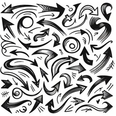Fototapeta premium Collection of curved arrows in ink Vector hand drawn sketchy arrows pointing different directions